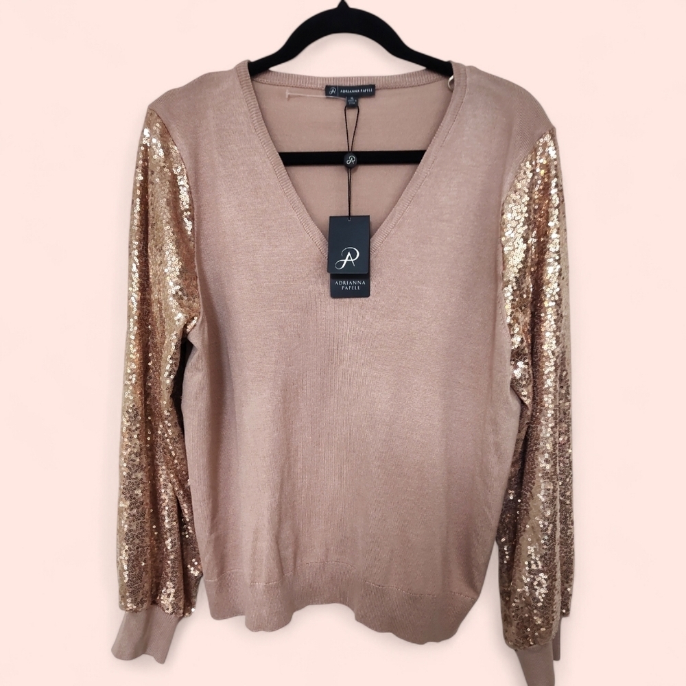 NWT XL Adrianna Papell Dusty Rose V-Neck Sweater W Sequin Sleeves